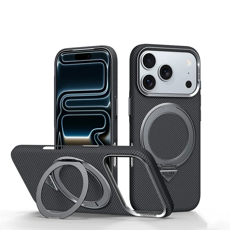 Protective Carbon Fiber Style MagSafe Case with Rotating Bracket for iPhone 17 Series