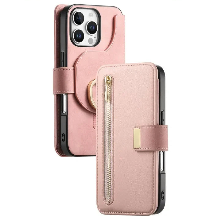 Leather Zipper Wallet Case with Detachable Magnetic Wallet for iPhone 16 Series