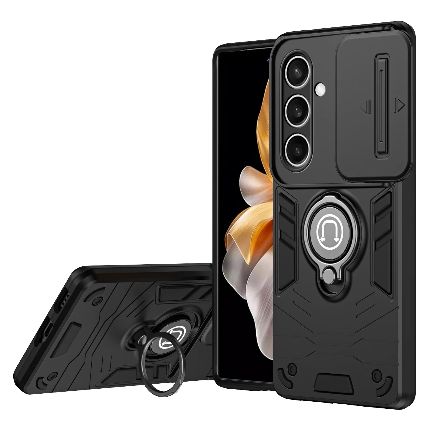 TPU Sliding Camera Shield Case with 360° Rotatable Ring Kickstand for Samsung Galaxy S25 Series