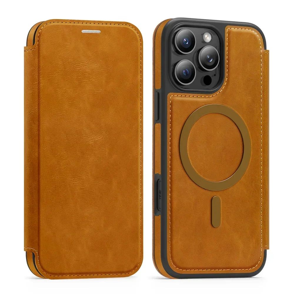 Premium Leather Flip Wallet MagSafe Case for iPhone 15 Series