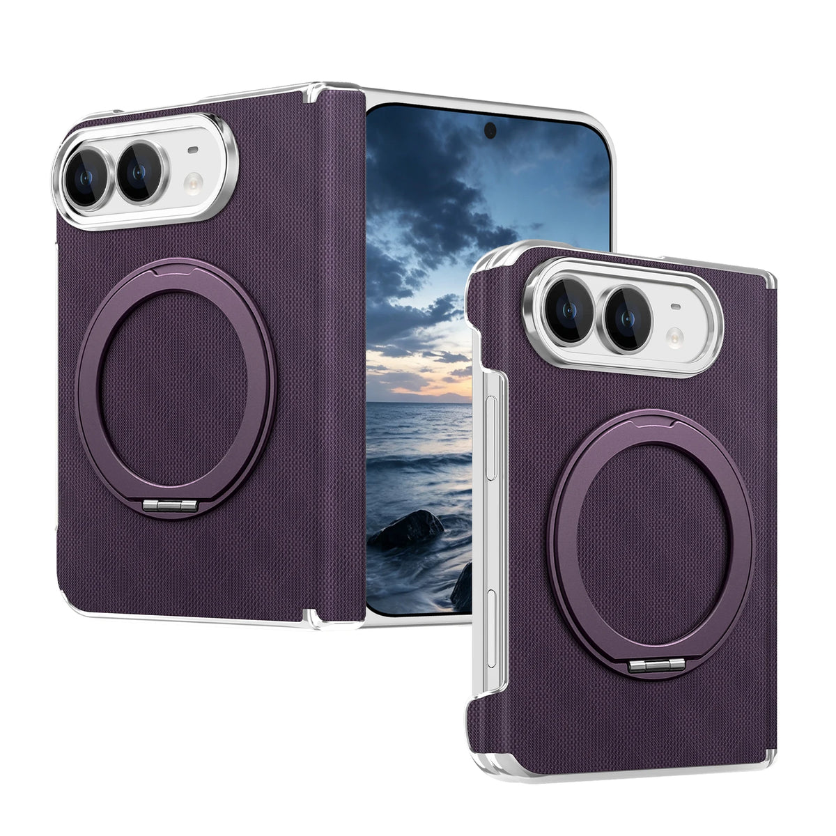 Textured Leather MagSafe Case with 360° Rotating Ring Stand for iPhone Duo