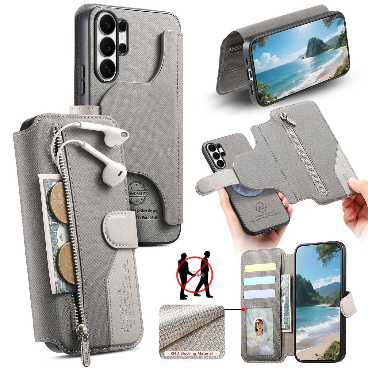 Detachable Magnetic Leather Flip Wallet Case with Kickstand for Samsung Galaxy S22 Series