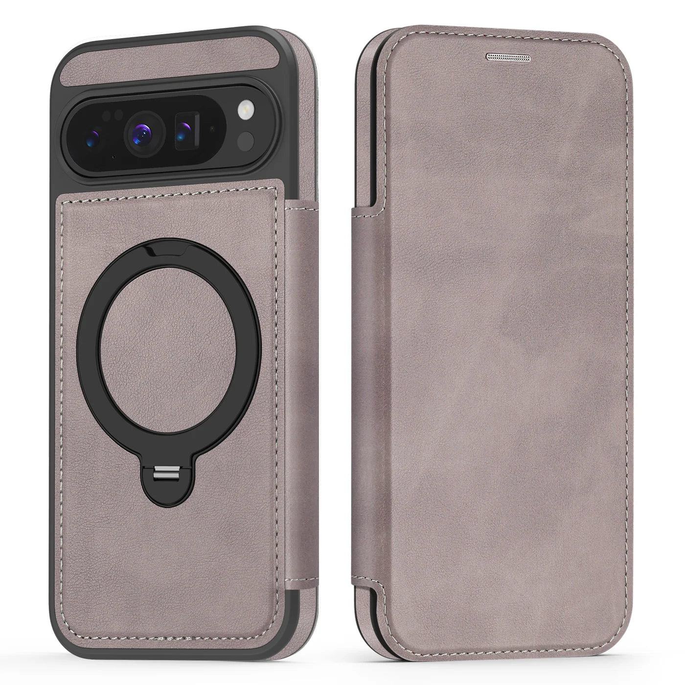 Google Pixel 10 Series Magnetic Leather Flip Case With Card Slot and Ring Holder