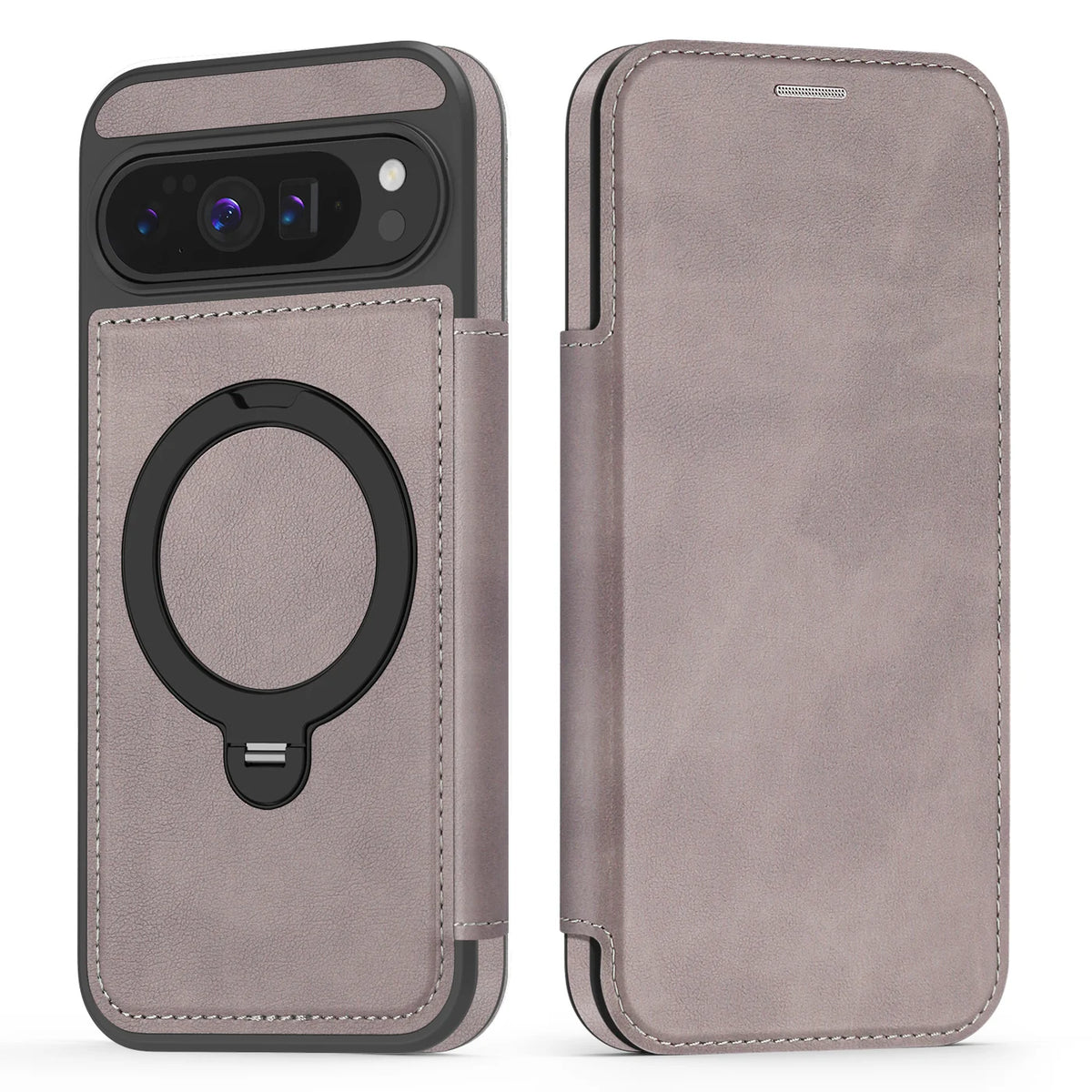 Google Pixel 10 Series Magnetic Leather Flip Case With Card Slot and Ring Holder
