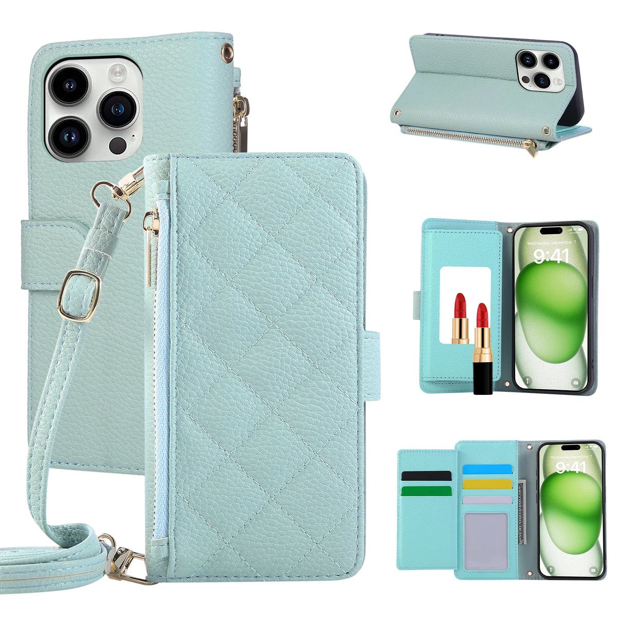Crossbody Leather Wallet Case with Card Holder for iPhone 15 Series