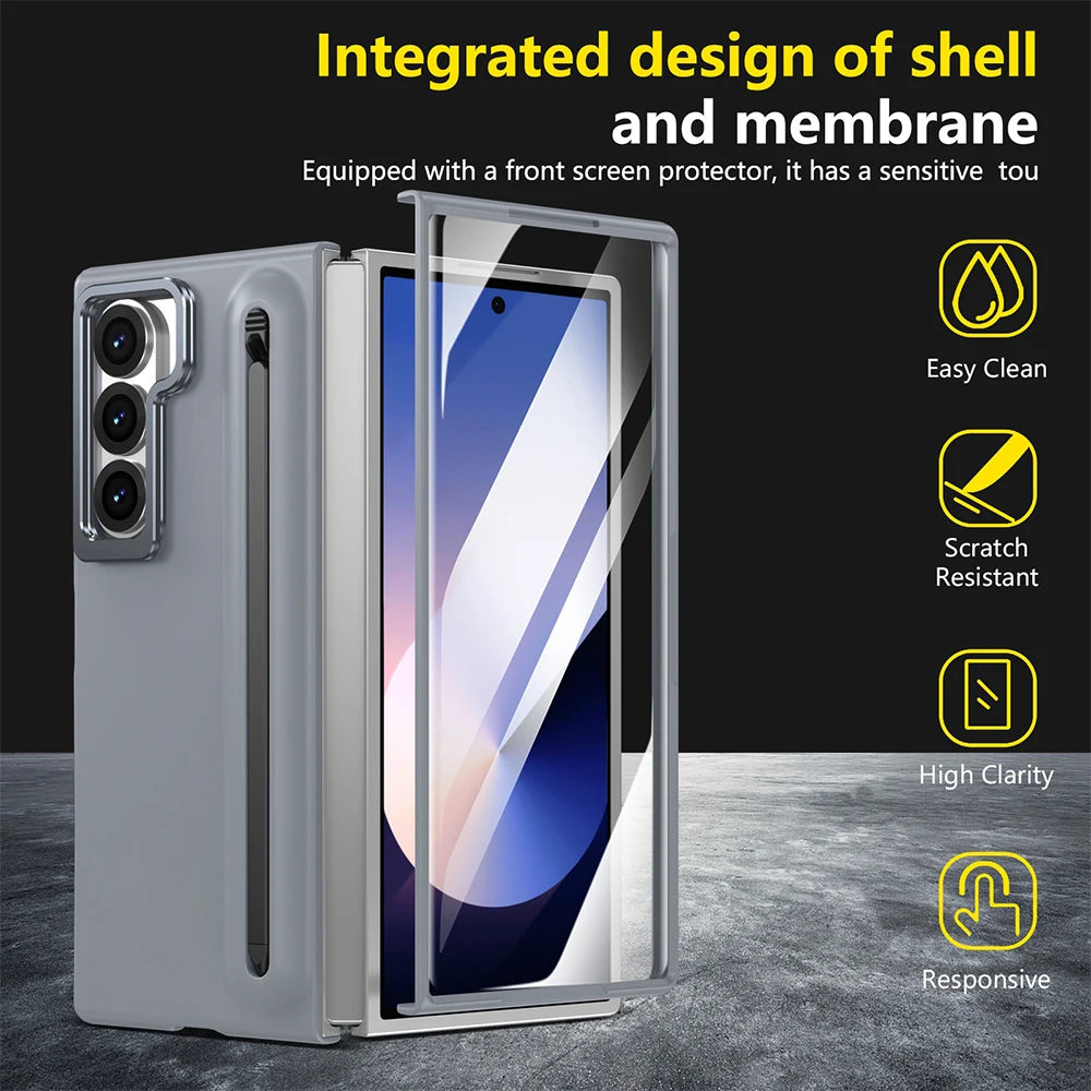 Samsung Galaxy Z Fold 6 Case with Built-in Metal Lens Stand, S Pen Slot & Screen Protector