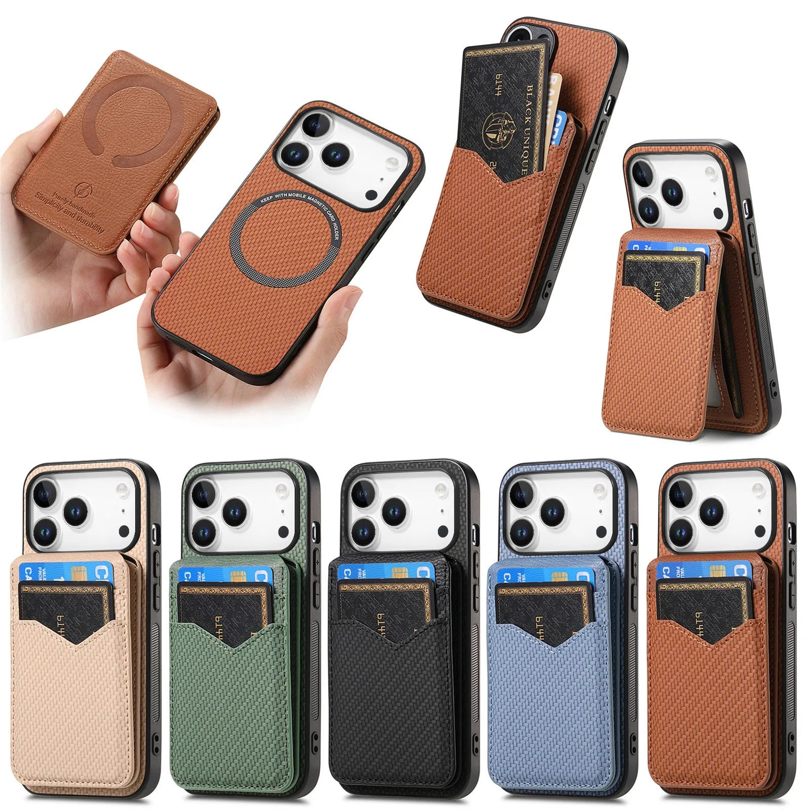 2-in-1 Detachable Carbon Fiber Pattern MagSafe Case with Flip Card Holder for iPhone 17 Series