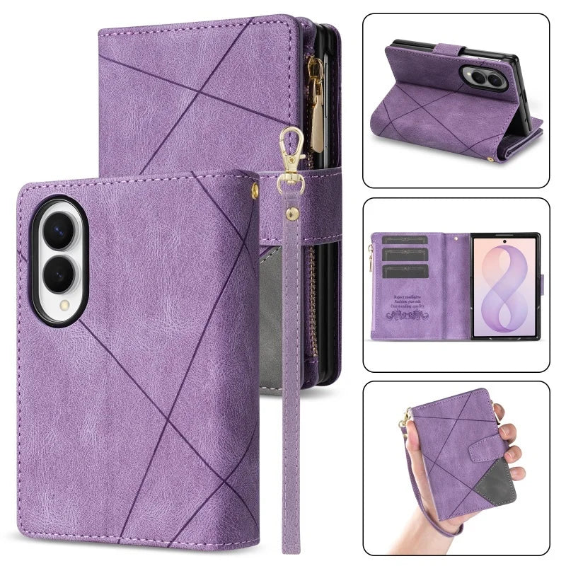 Embossed Leather 9-Card Wallet Case with Detachable Wrist Strap for Samsung Galaxy Z Fold 8