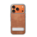 Luxury Electroplated PU Leather Case with Foldable Alloy Stand for iPhone 17 Series