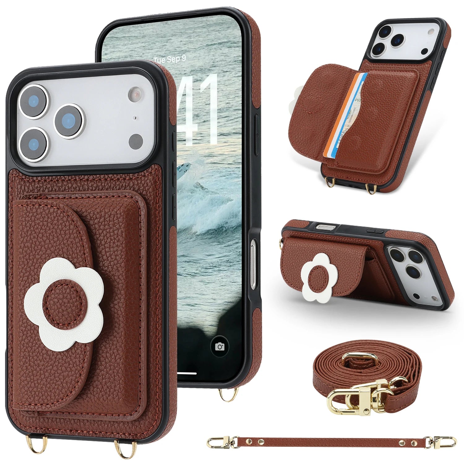 Crossbody Leather Wallet Case with Card Slots and Stand for iPhone 17 Series