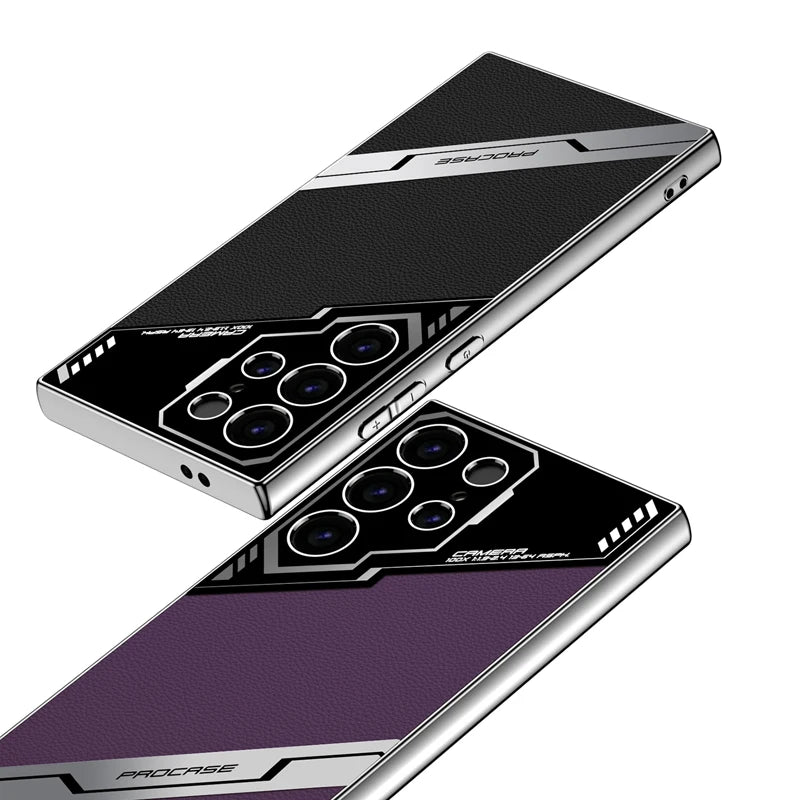 Electroplating Plain Leather + Soft TPU Edge Camera Protection Case for Samsung Galaxy S24 Ultra