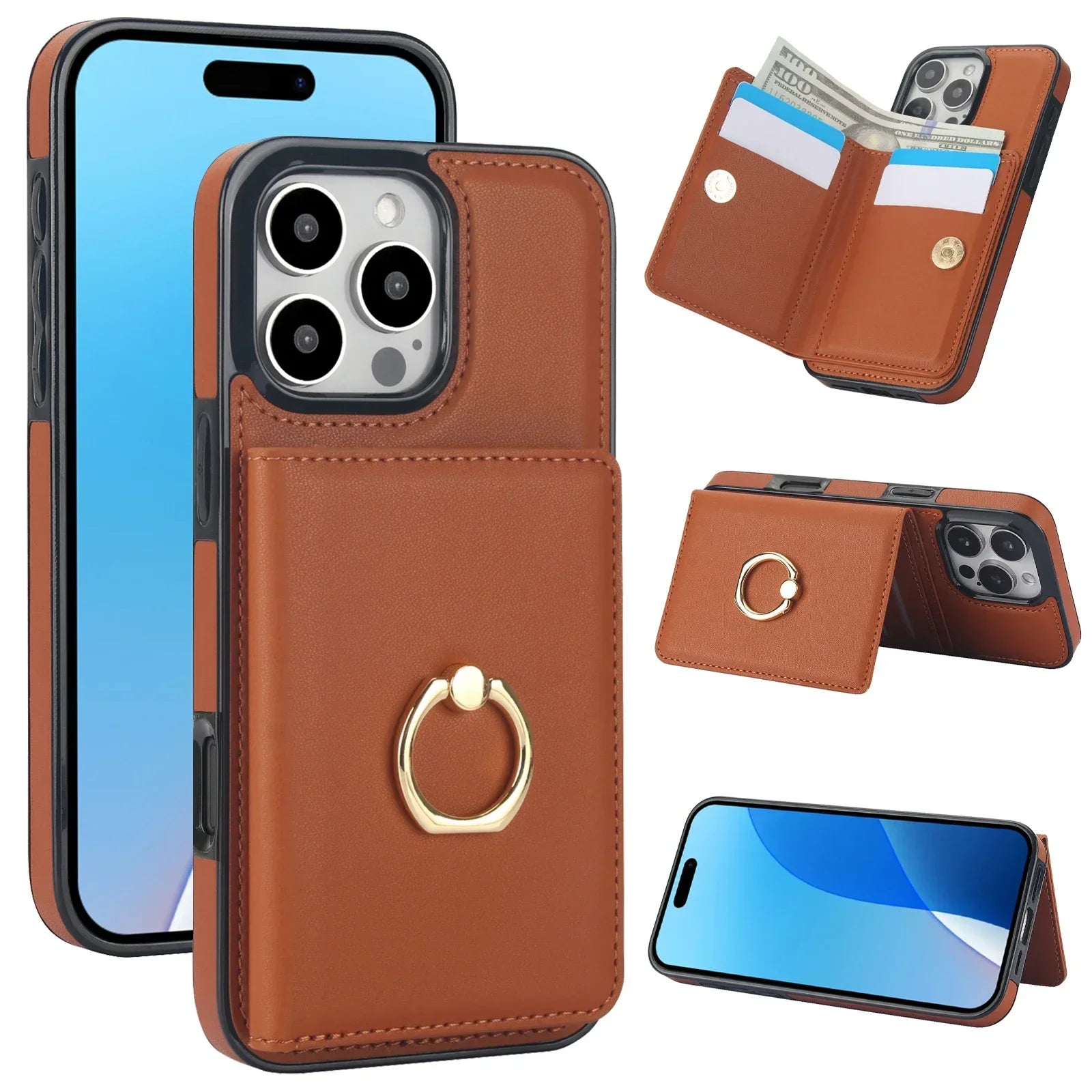 Premium Leather Wallet Case with 360° Ring for iPhone 16 Series
