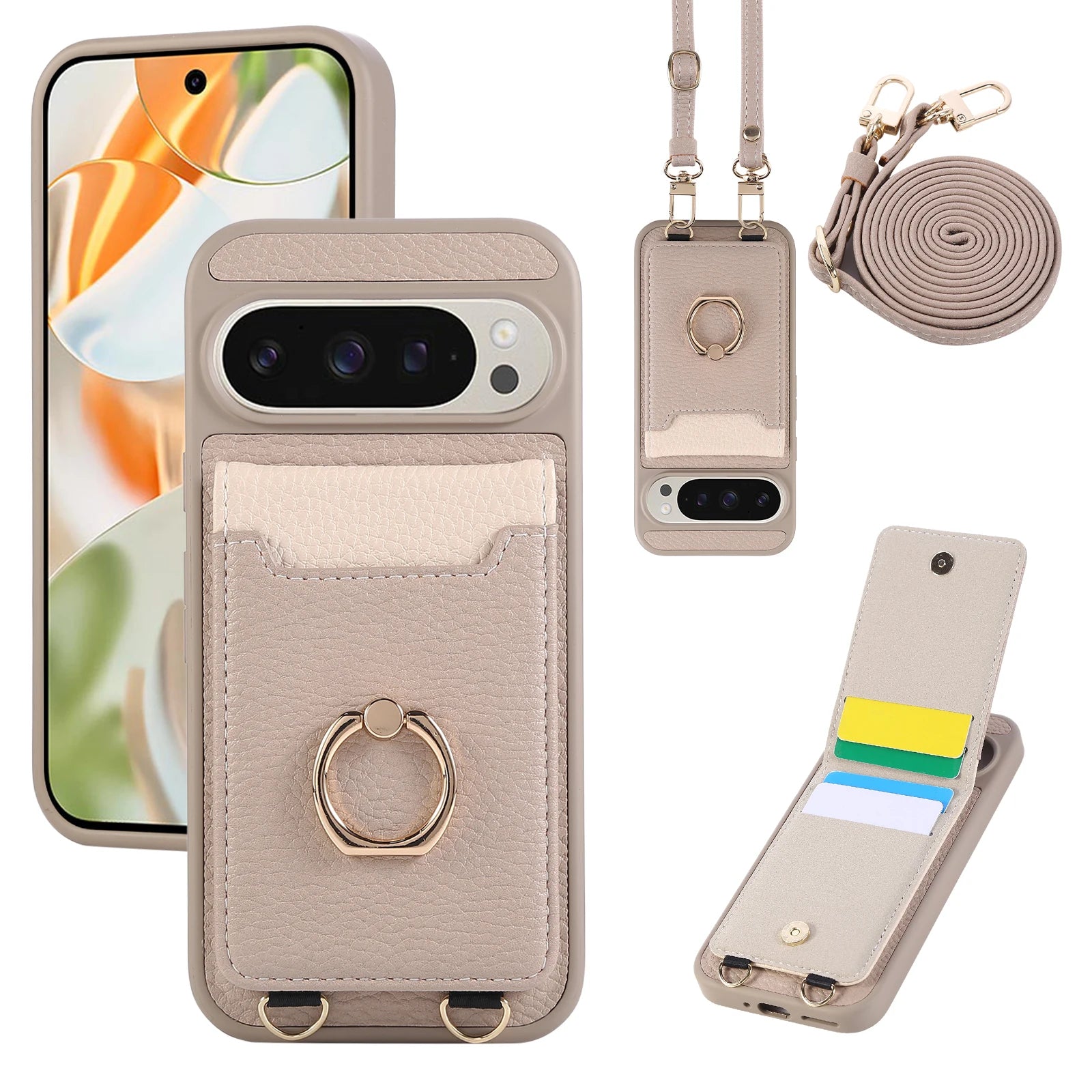 Lychee Grain Leather Dual-Strap Lanyard Case with Metal Ring Holder for Google Pixel 11 Series