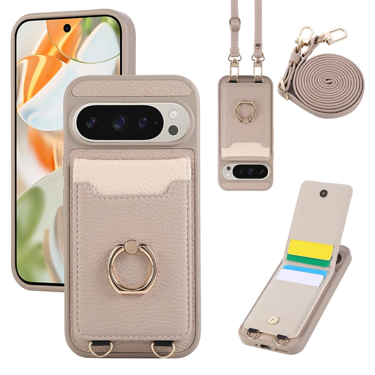 Lychee Grain Leather Crossbody Lanyard Case with Card Slot and Ring Holder for Google Pixel 10 Series
