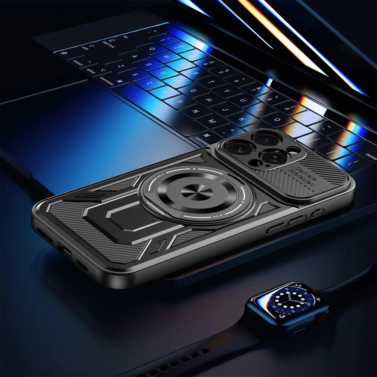 Heavy-Duty MagSafe Case with 360° Metal Ring Stand for iPhone 16 Series
