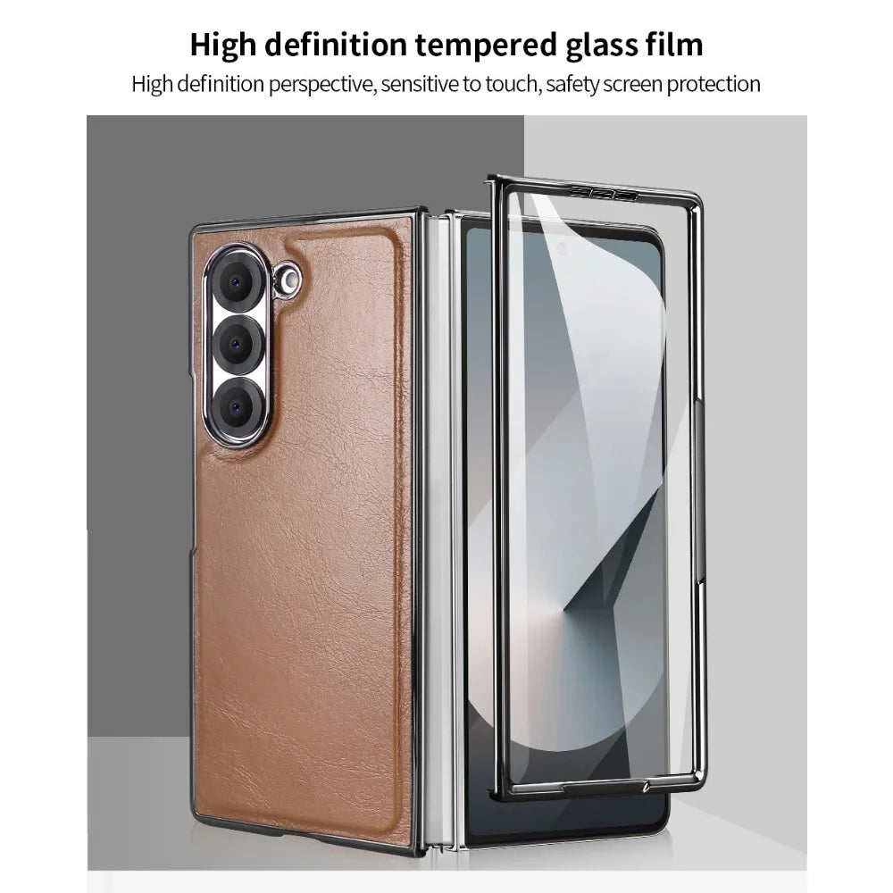 Samsung Galaxy Z Fold 6 Hard Shell Leather Case with Built-in Screen Protector