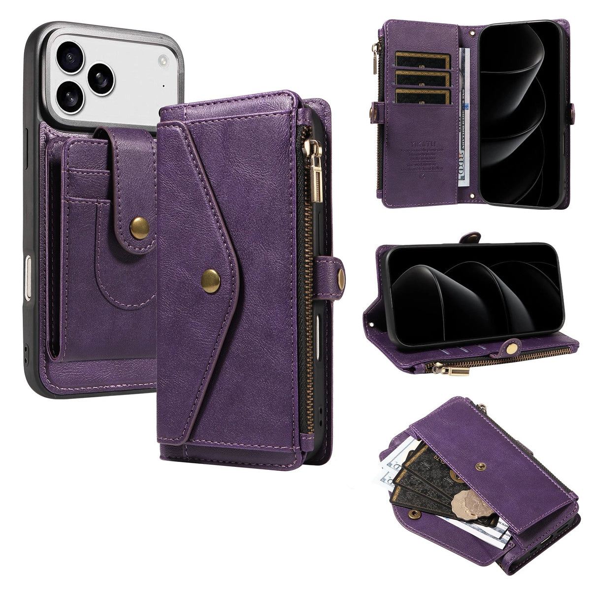 Textured Leather Detachable Wallet Case with Crossbody Strap for iPhone 18 Series
