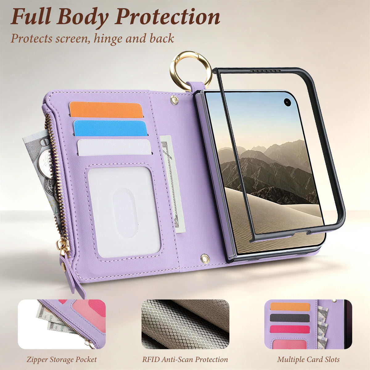 Zipper Wallet Case with Ring Hanger and Card Slots for iPhone Duo