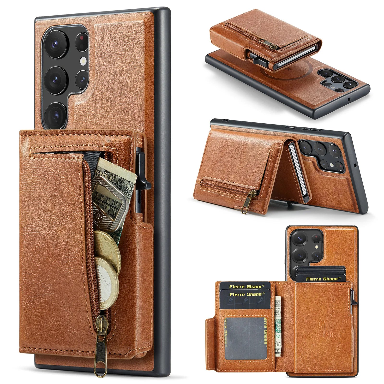 Leather Detachable Magnetic Card Holder Case with Zipper Pouch for Samsung Galaxy S26 Series