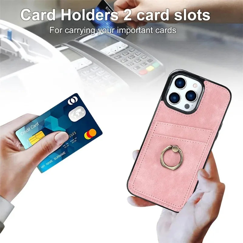 Shockproof Retro PU Leather Case with Ring & Card Slots for iPhone 15 Series