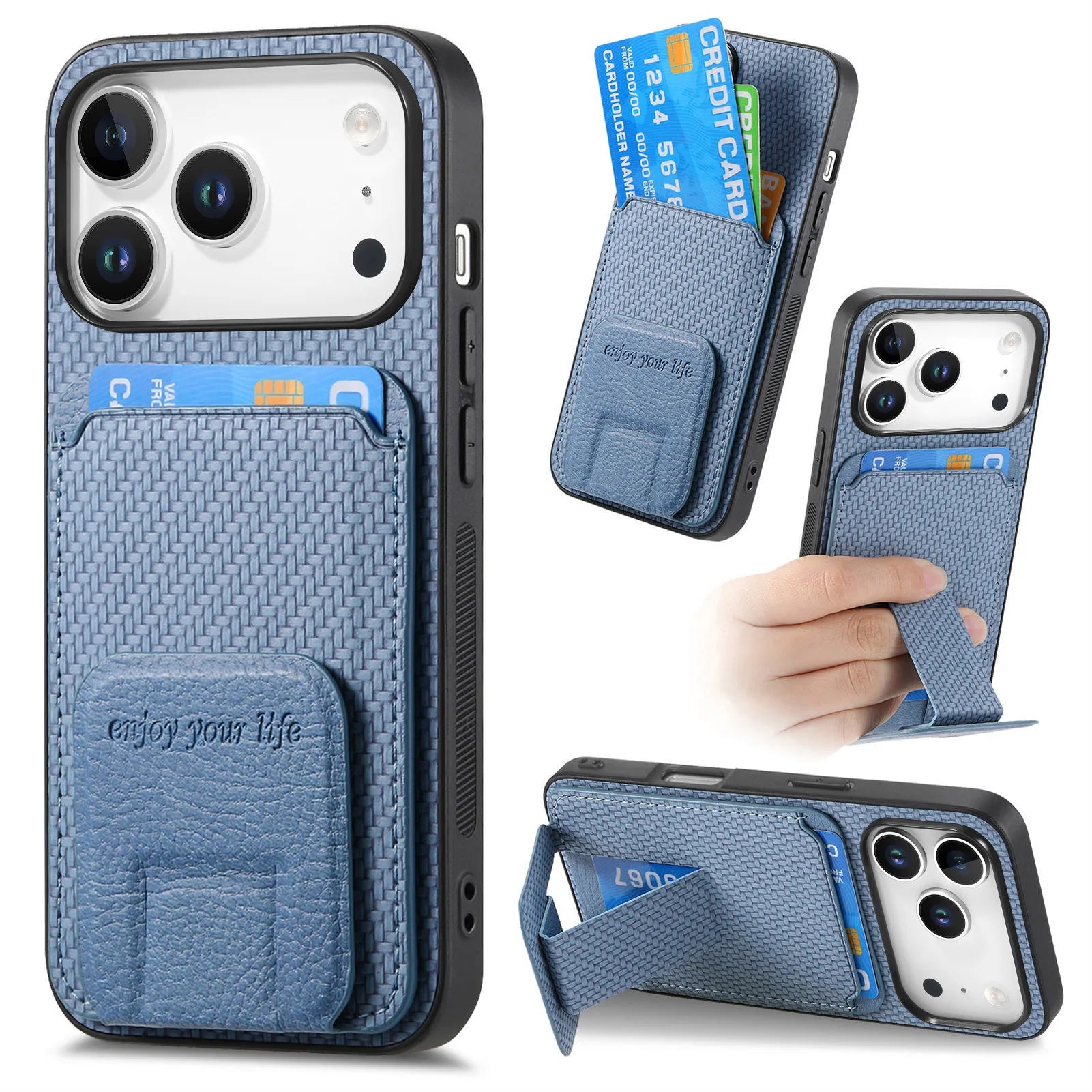 Carbon Fiber Pattern Magnetic Leather Wallet Case with Invisible Kickstand for iPhone 17 Series
