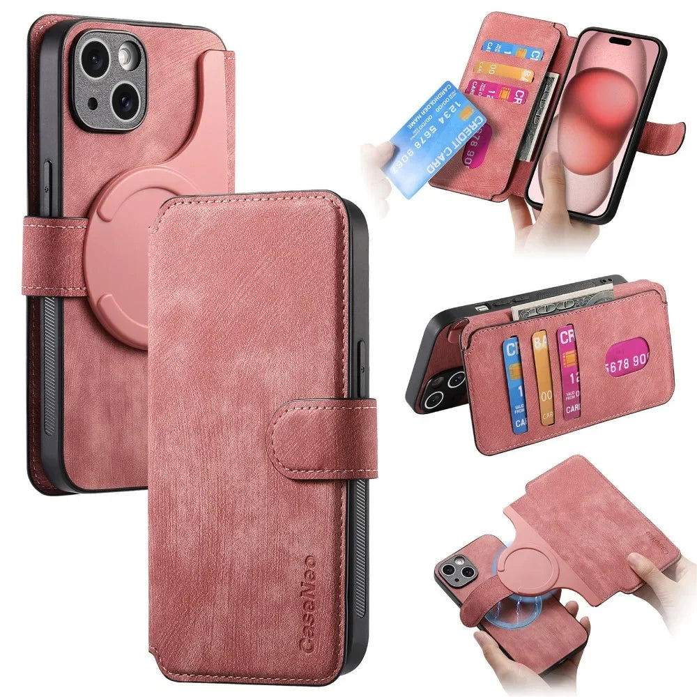 Magnetic Leather Wallet Case with Detachable Card Slot for iPhone 15 Series
