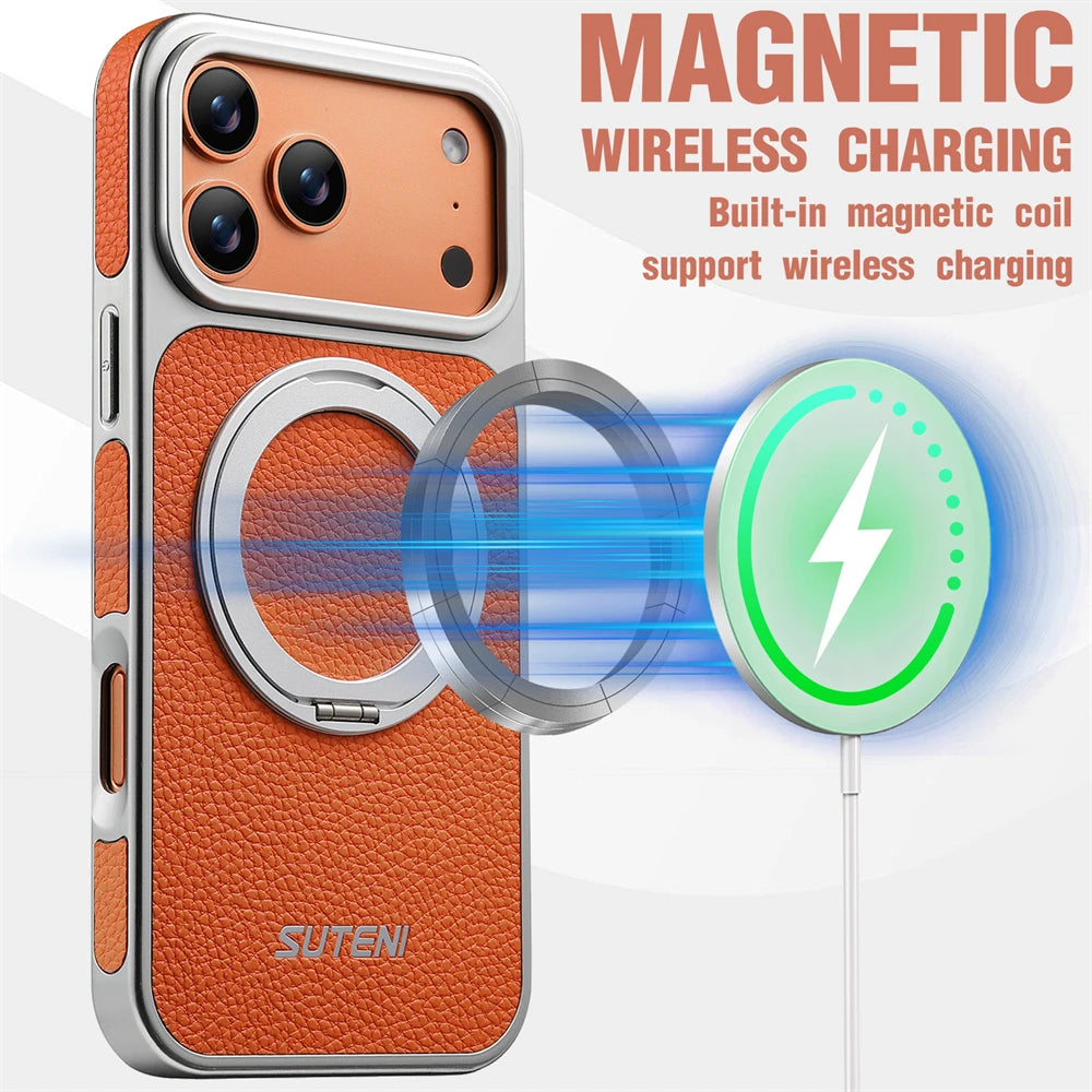 Litchi Texture MagSafe Case with Built-in Ring Stand for iPhone 17 Series