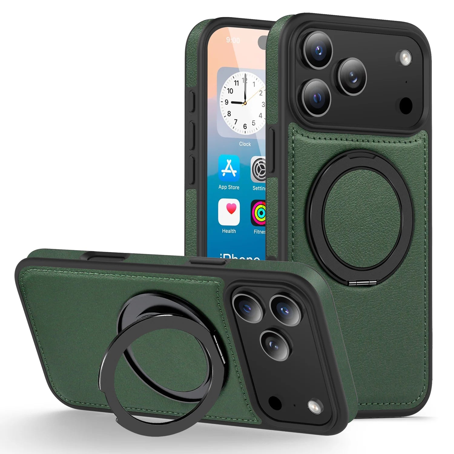 Premium Leather MagSafe Case for iPhone 17 Series with 360° Rotating Ring Stand