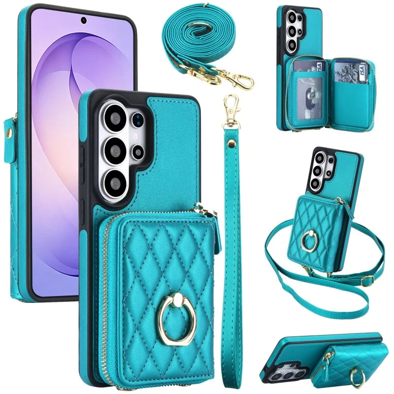 Crossbody Leather Wallet Case with Wrist Lanyard for Samsung Galaxy S26 Series