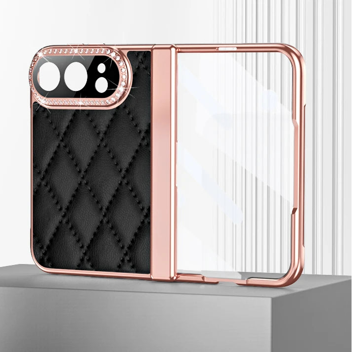Quilted Leather Hinge Protection Case with Full-Perimeter Metal Frame for iPhone Duo