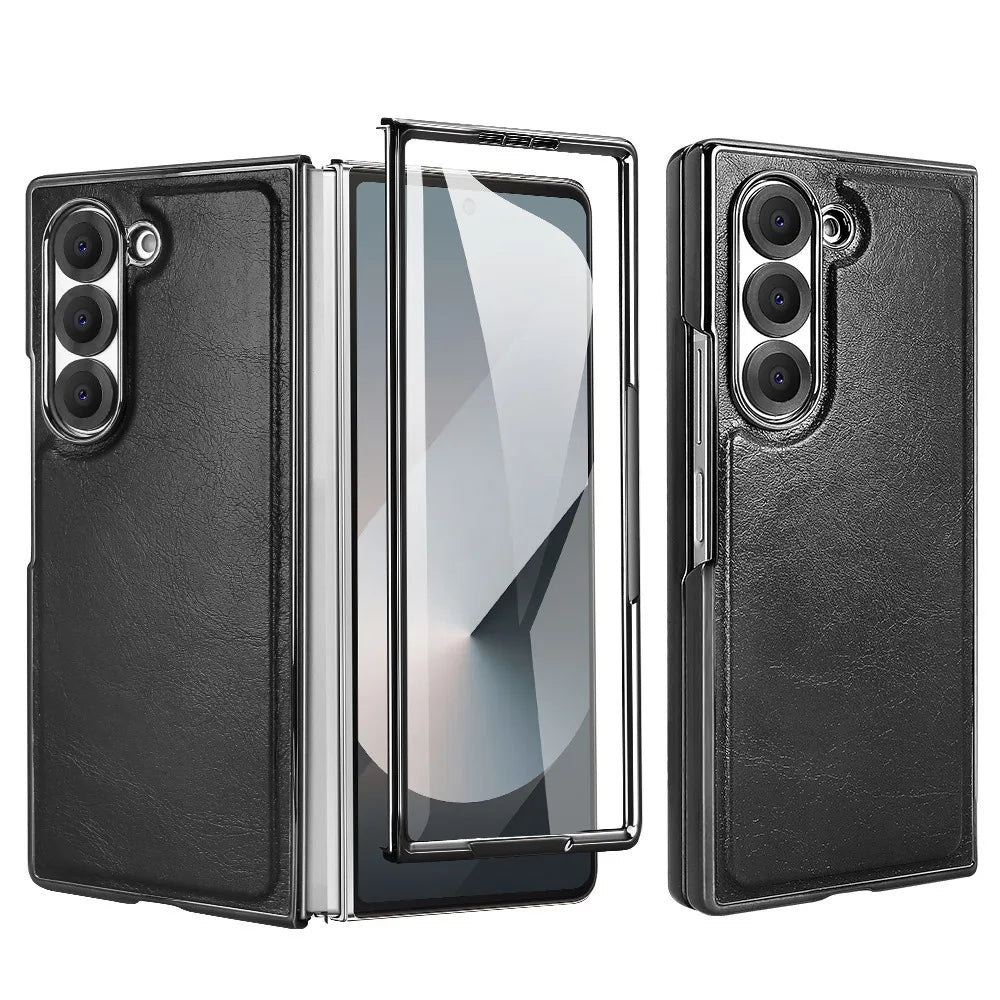 Samsung Galaxy Z Fold 6 Hard Shell Leather Case with Built-in Screen Protector