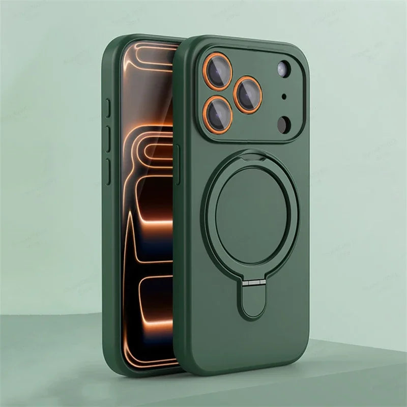 iPhone 17 Series Silicone MagSafe Case with Rotating Ring Holder Stand