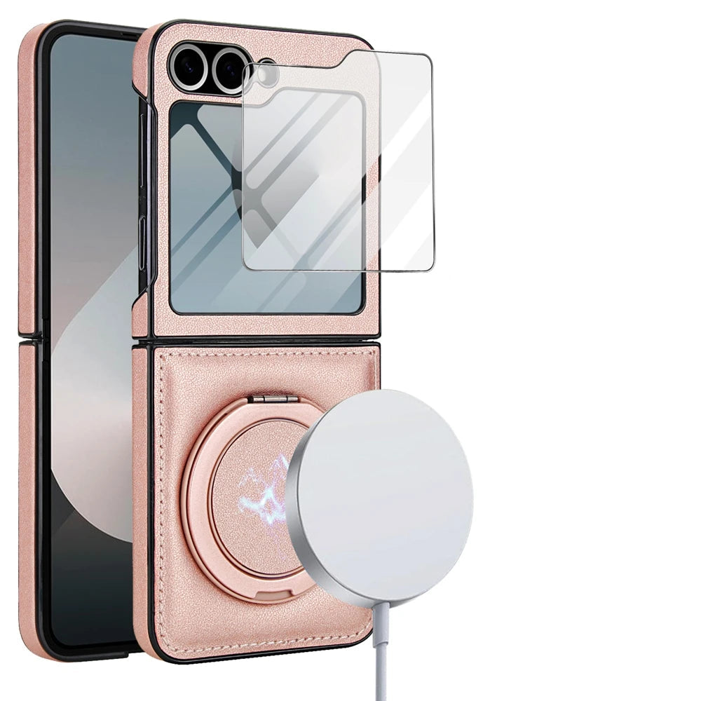 Protective Leather Magnetic Case with Ring Bracket & Glass Film for Samsung Galaxy Z Flip 6