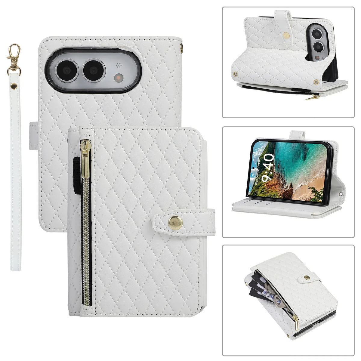 Quilted Leather Crossbody Lanyard Case with 9-Card Wallet for iPhone Duo
