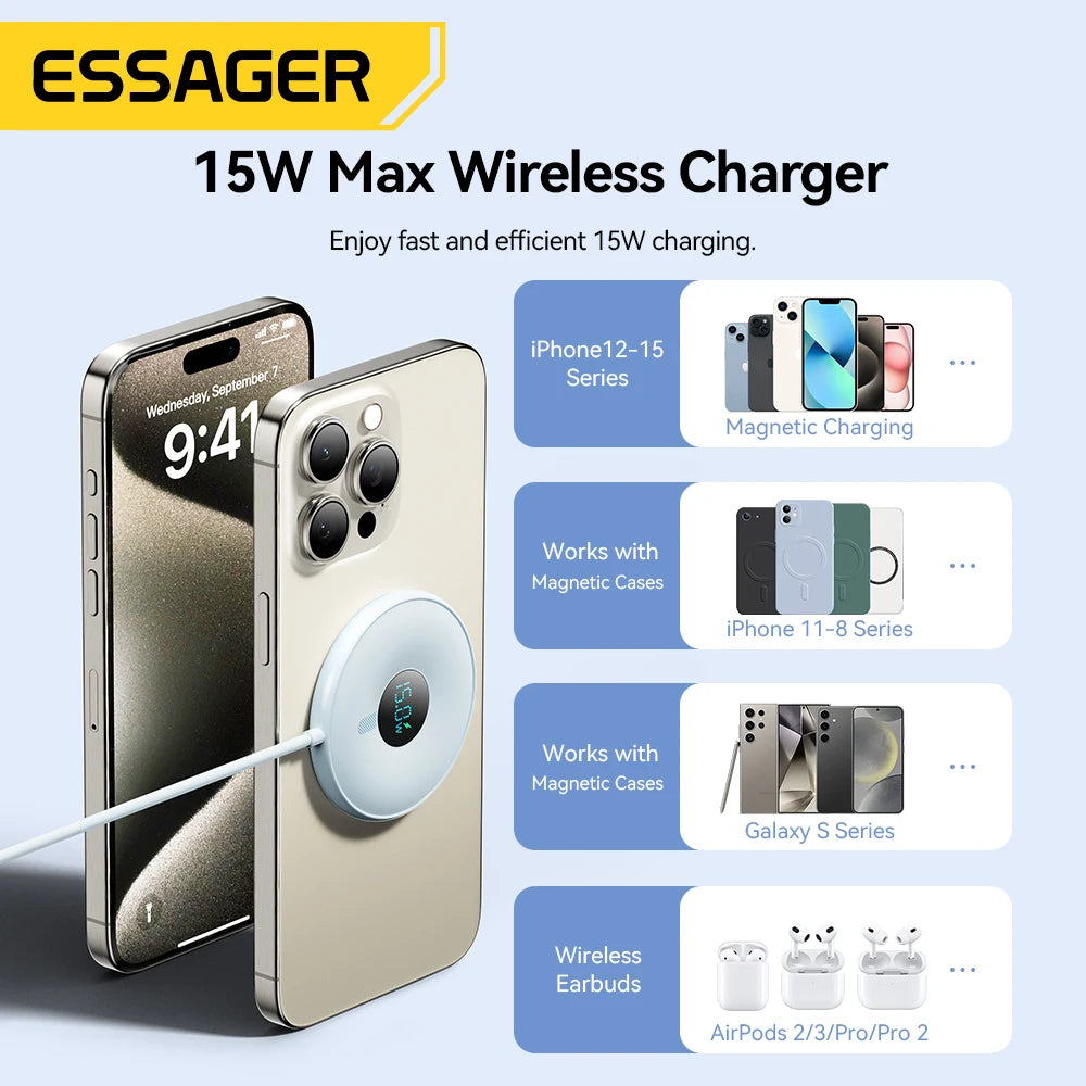 Essager 15W MagSafe-Compatible Wireless Charger with Digital Display