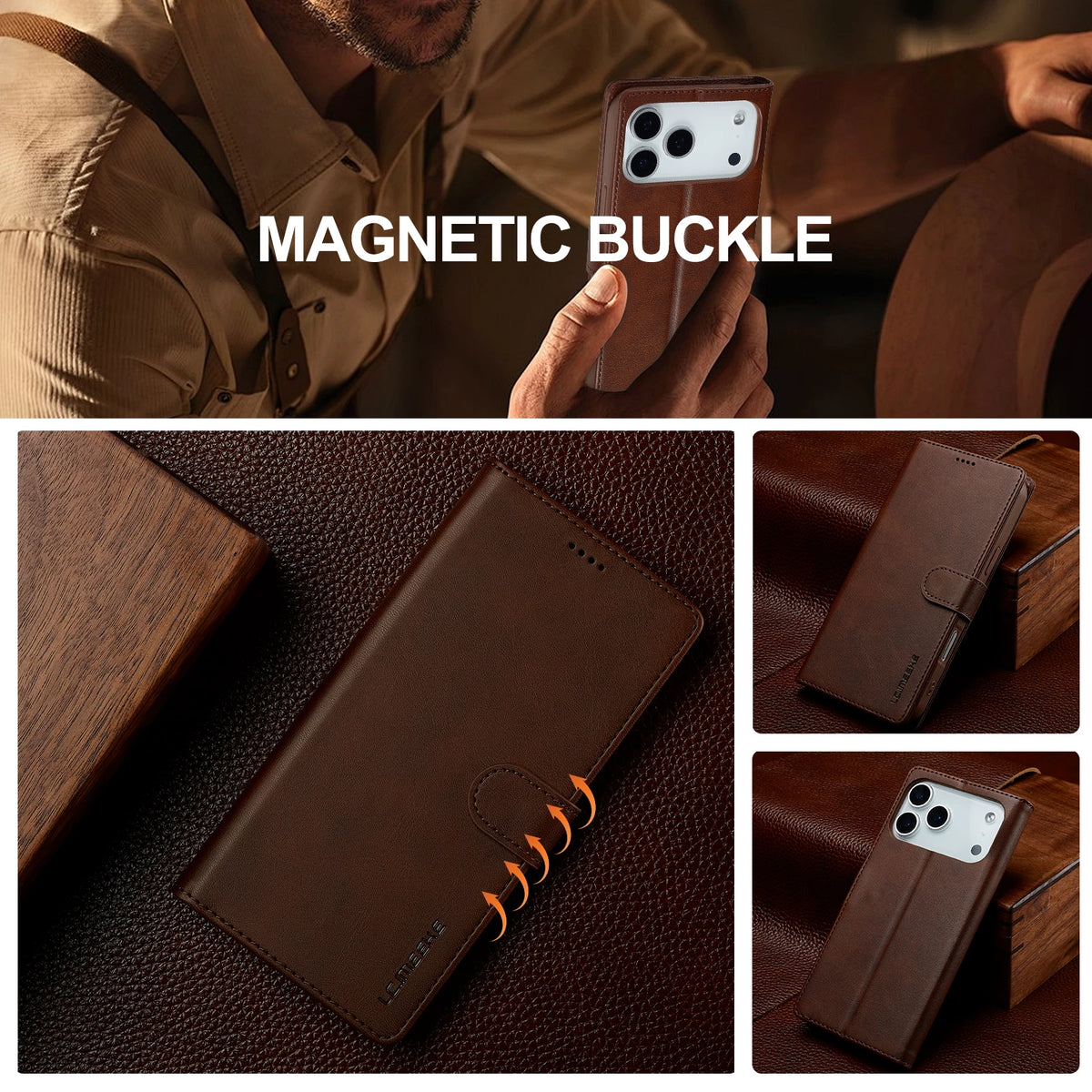 Textured Leather 3-Card Wallet Flip Case with Kickstand for iPhone 17 Series