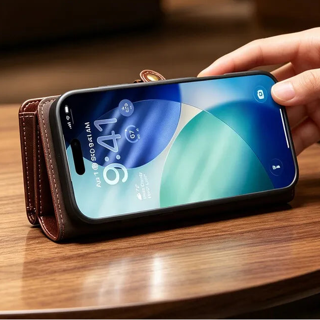 Genuine Leather Detachable Wallet Case with Wrist Strap for iPhone 17 Pro Max