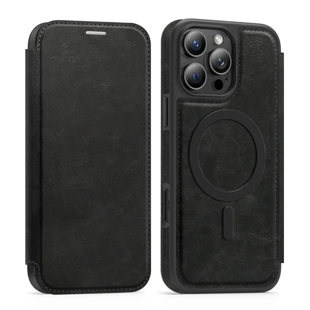 Premium Leather Flip Wallet MagSafe Case for iPhone 15 Series