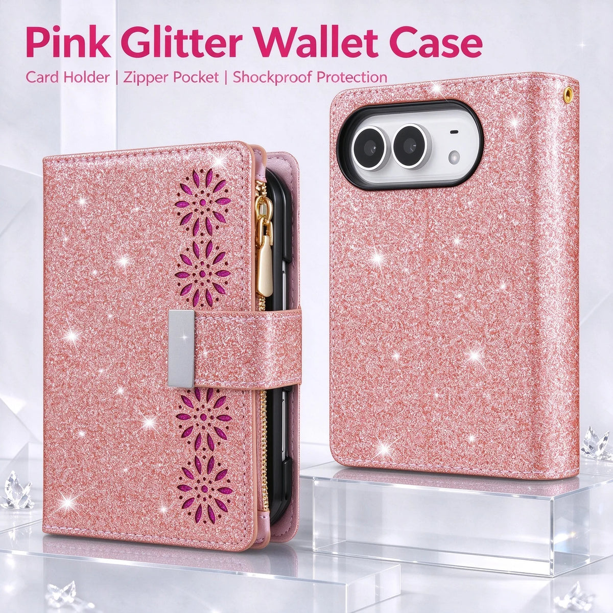 Glitter Floral PU Leather Wallet Case with Kickstand for iPhone Duo