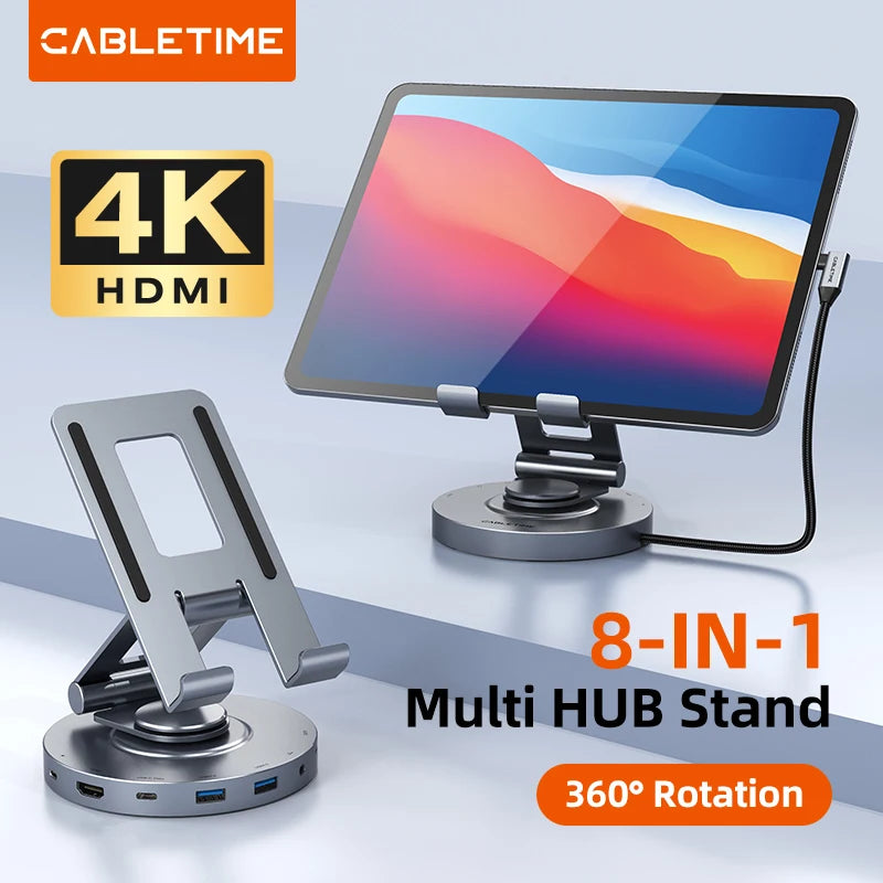CABLETIME 8-in-1 USB-C Hub Dock with 360° Rotating Stand