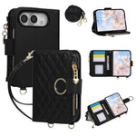 Leather Diamond-Quilted Crossbody Wallet Case with Detachable Long Lanyard Strap for iPhone Duo