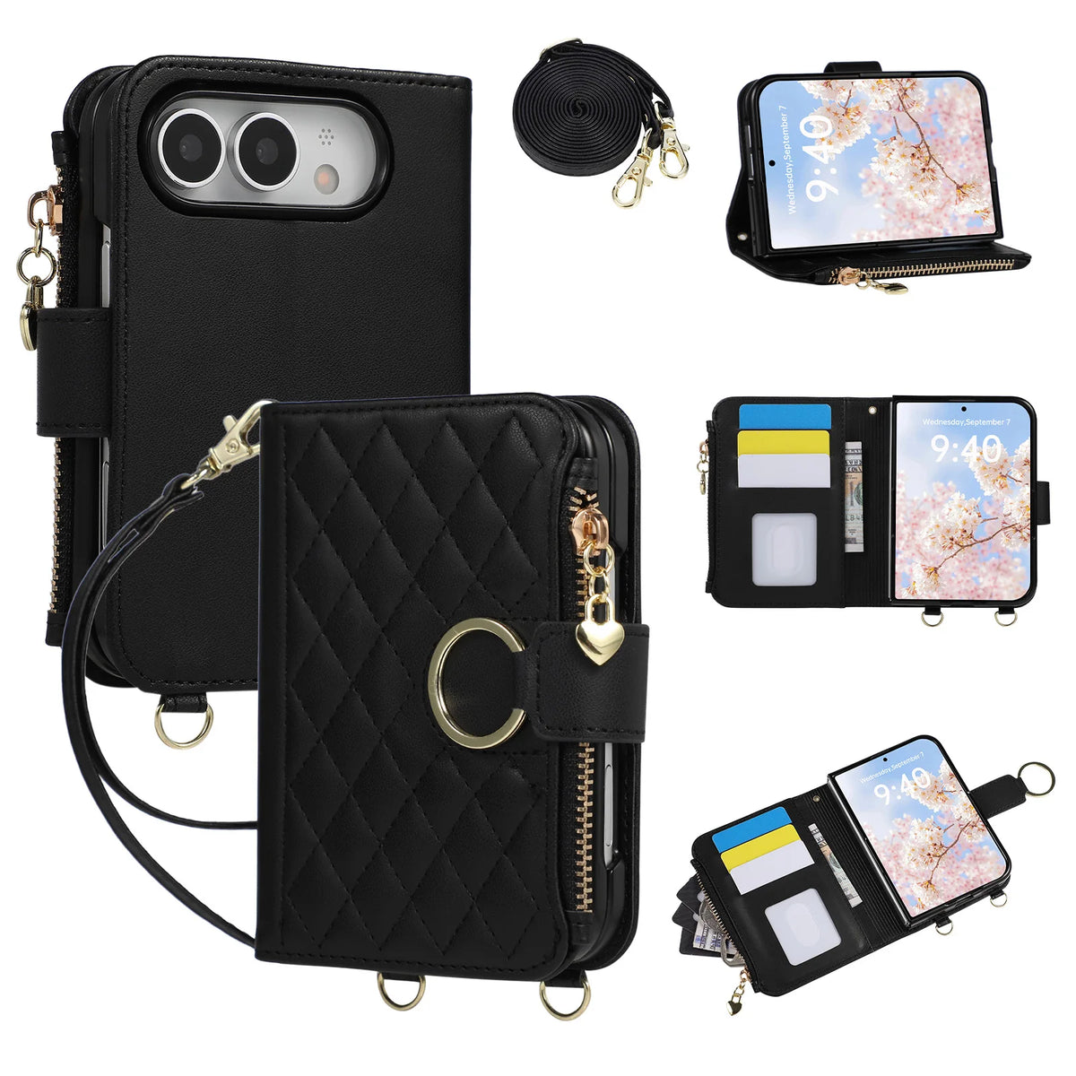 Leather Diamond-Quilted Crossbody Wallet Case with Detachable Long Lanyard Strap for iPhone Duo