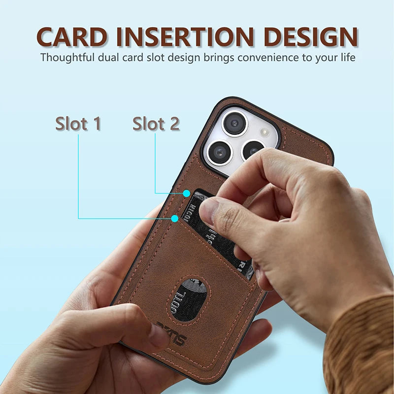 Premium Leather Protective Case with Card Holder Pocket for iPhone 16 Series