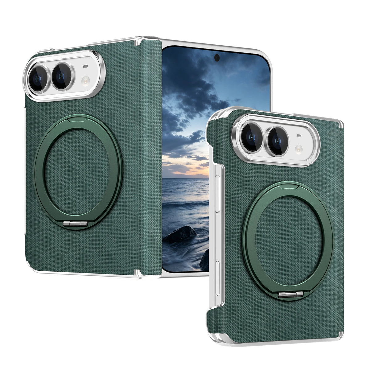 Textured Leather MagSafe Case with 360° Rotating Ring Stand for iPhone Duo