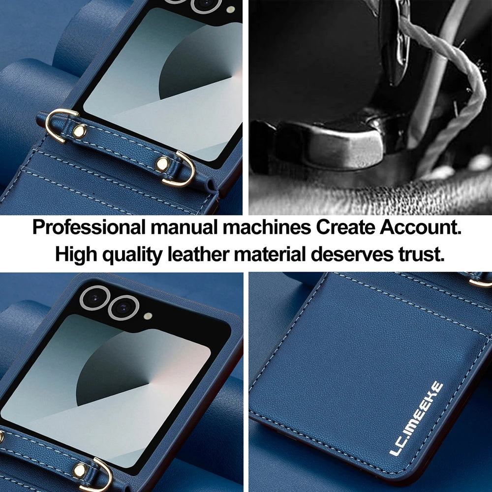 Crossbody Leather Phone Case with Card Slots & Lanyard for Samsung Galaxy Z Flip 6