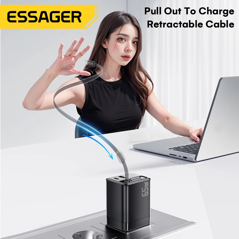 Essager 65W GaN Charger with Built-in Retractable Cable
