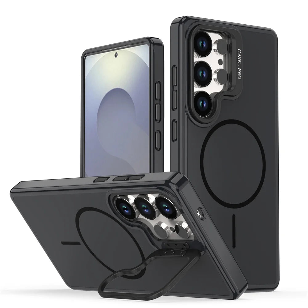 Silicone Magnetic Case with Metal Lens Stand for Samsung Galaxy S25 Series