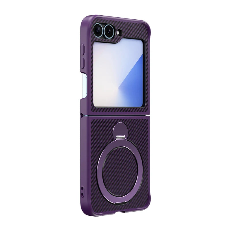 Carbon Fiber Leather Case with Rotating Ring Bracket for Samsung Galaxy Z Flip 6