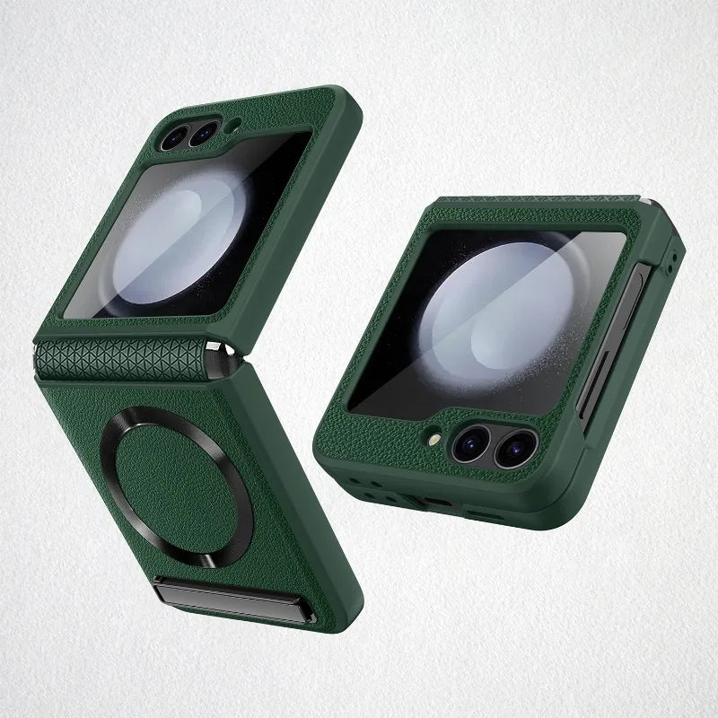 Samsung Gakaxy Z Flip 5 Magnetic Leather Case with Glass Film & Hinge Guard