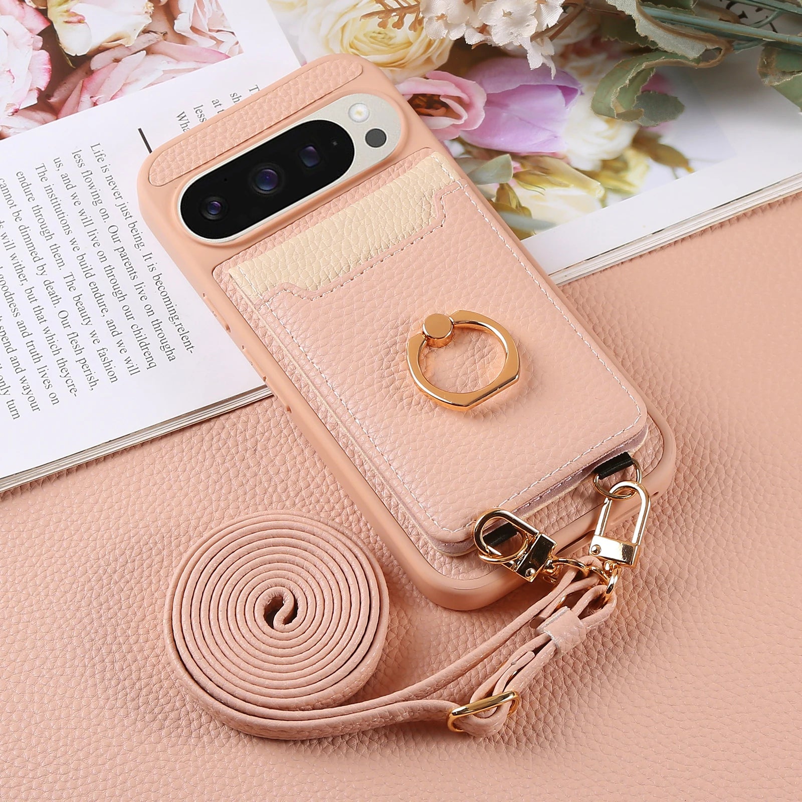 Lychee Grain Leather Dual-Strap Lanyard Case with Metal Ring Holder for Google Pixel 11 Series